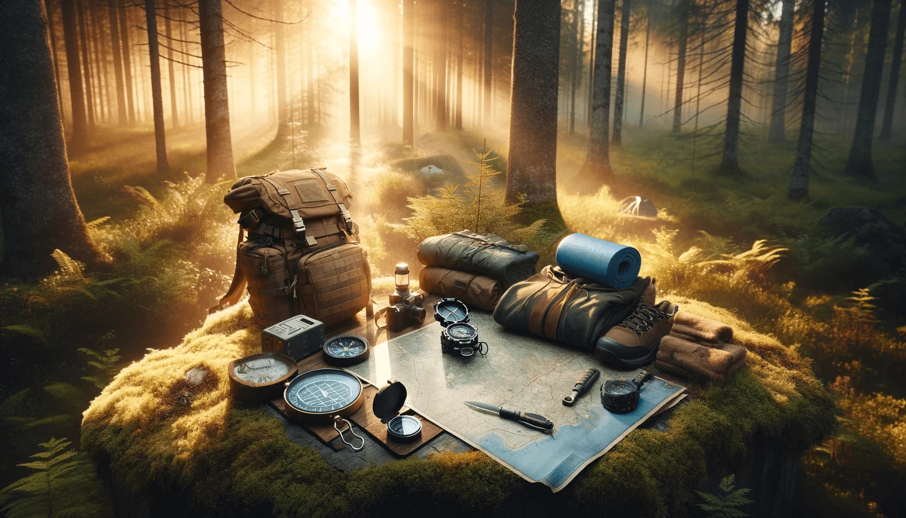 Equipo de supervivencia de prepper en un bosque al amanecer con mochila, ropa impermeable y panel solar portátil dispuesto sobre un musgo verdoso