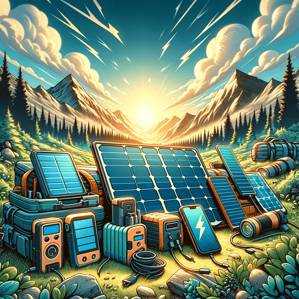 Variedad de cargadores solares en un entorno natural, ilustrando la guía de selección para aventuras al aire libre